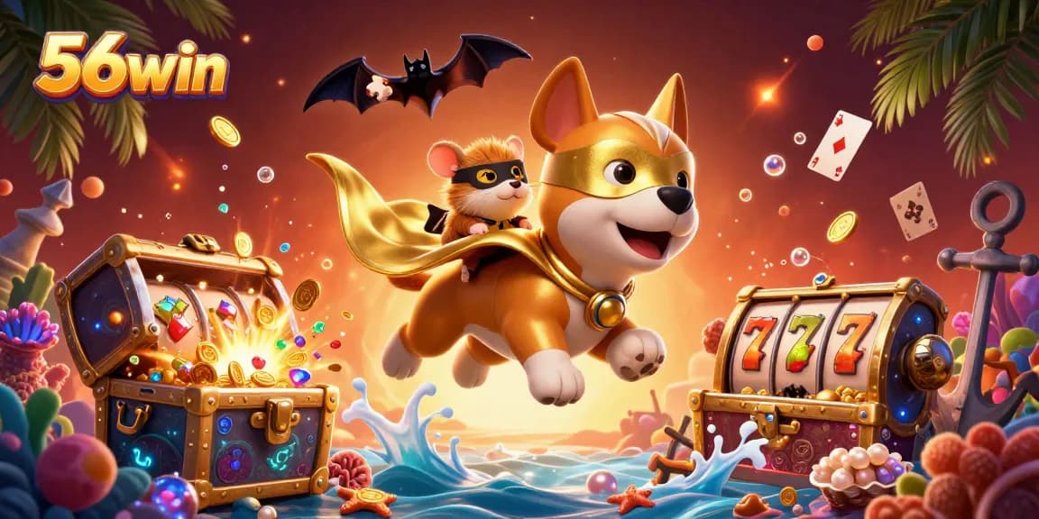 Experience the thrill of 56win with action-packed casino illustrations featuring vibrant characters and games.