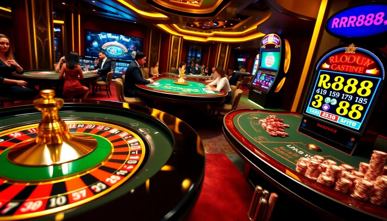 Dynamic scene of RR88 players engaged in exciting casino gameplay with poker chips and cards.