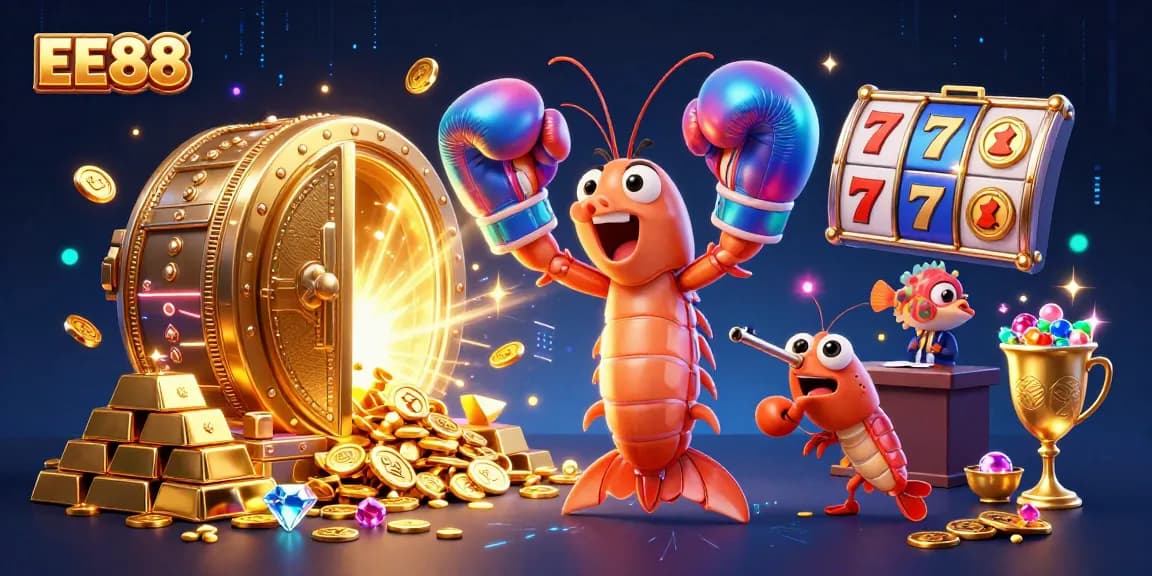 Win big with EE88's dynamic casino scene featuring vibrant characters and enticing slot elements.