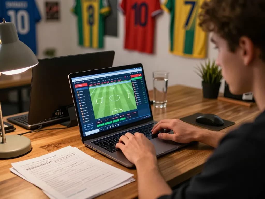 Kèo Nhà Cái Hôm Nay featuring an engaged user analyzing sports betting options at home, demonstrating strategic online gambling.