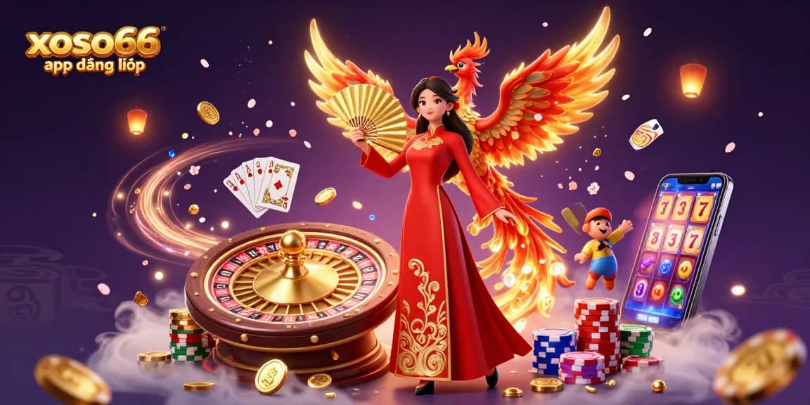 Experience the excitement of xoso66 app đăng nhập with stunning visuals of casino elements, vibrant colors, and engaging characters.