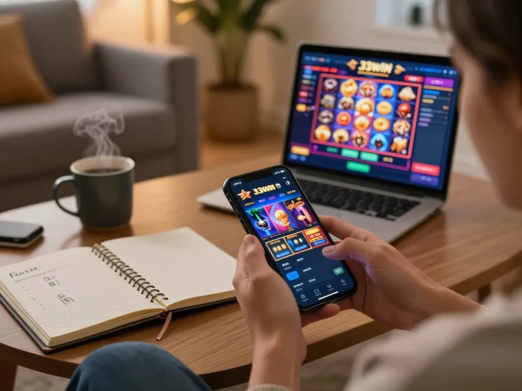Player enjoying the 33win app on their smartphone during a cozy evening at home, emphasizing responsible gaming.