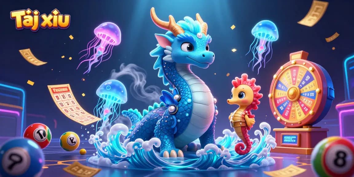 Tài xỉu gameplay with vibrant characters like a water dragon and seahorse knight surrounded by colorful lottery elements and dynamic effects