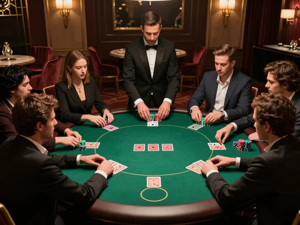 Engaged poker players in an upscale setting at https://cm88seo.com/, strategizing over premium chips and cards.