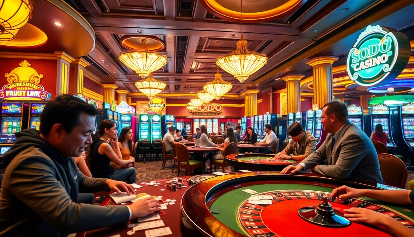 SODO CASINO players enjoying vibrant gaming action at roulette tables and slot machines.
