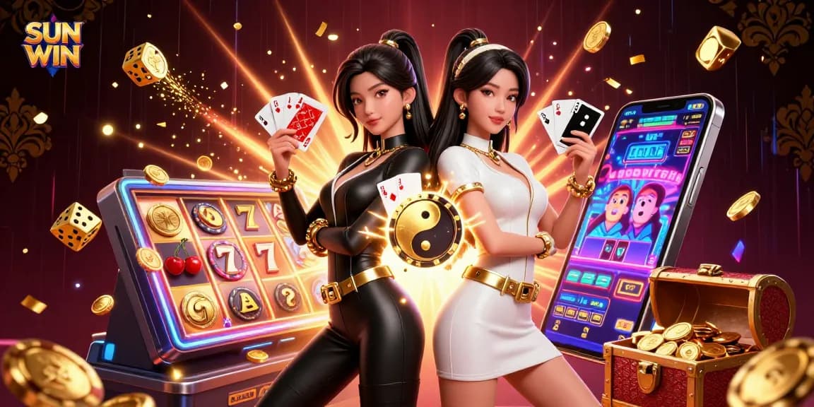 SUN WIN illustrates twin Asian women showcasing winning poker cards amidst a vibrant casino scene.