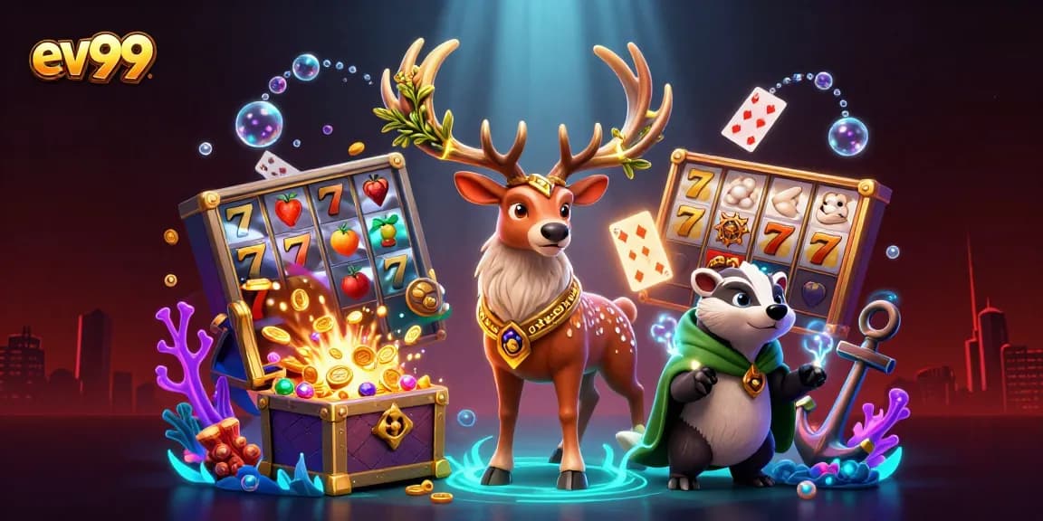 Engage with ev99 in a vivid casino-themed 3D illustration showcasing gaming excitement.