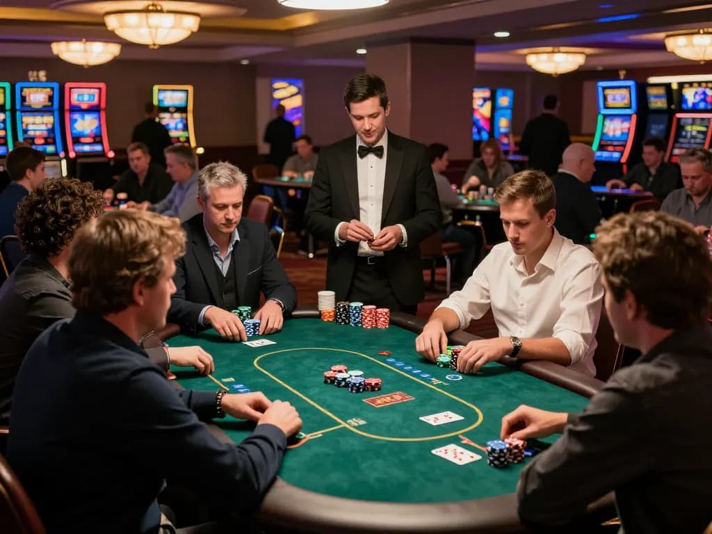 Engaged players in an exciting poker game at K8 casino with colorful chips and professional dealers.