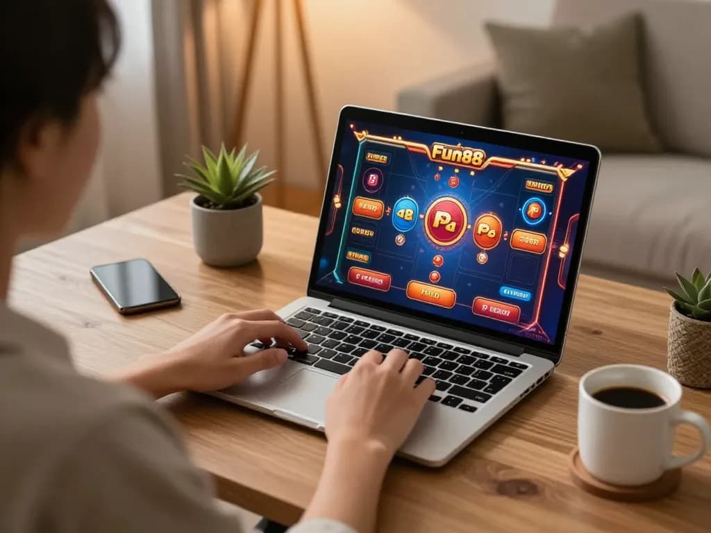 Engage in strategic online gaming with Fun88 displayed on a laptop in a warm, inviting home setup.