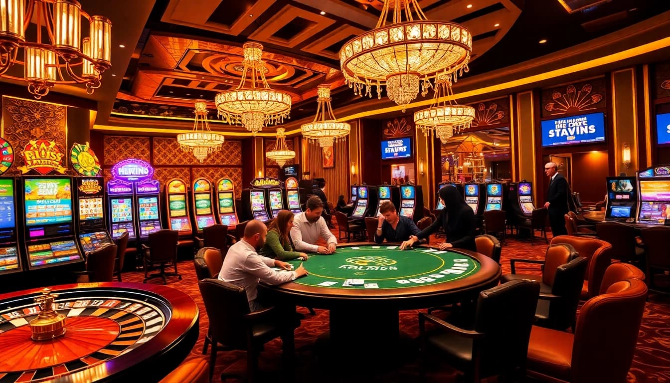 Gamblers enjoying a game of poker at Haywin Casino, surrounded by vibrant slot machines and stylish decor.