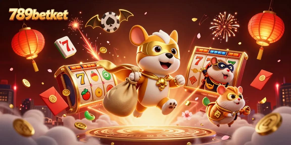 Experience thrilling slots at 789betket with a heroic dog and animated characters in a vibrant casino scene.