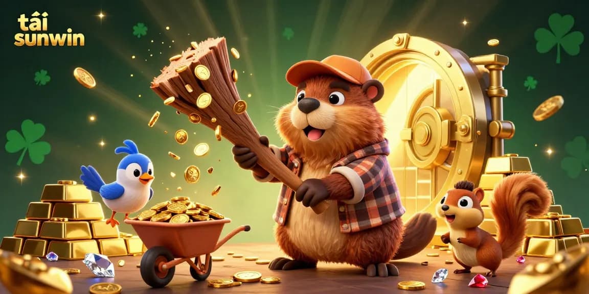 Experience excitement with tải sunwin as a beaver chops a tree raining golden coins in a vibrant casino scene.