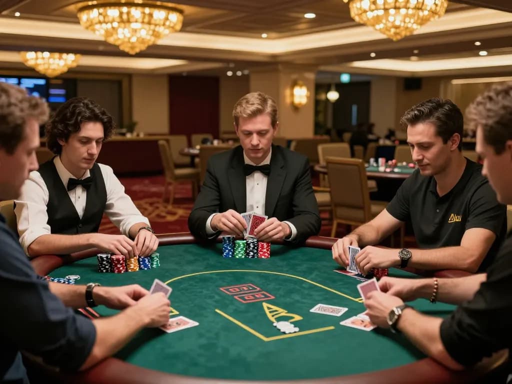 Players strategizing at 23Win poker table surrounded by vibrant casino ambiance.