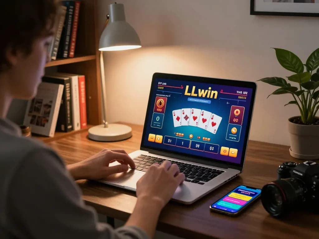 Engaging in an online LLwin poker game at home, featuring a laptop and smartphone setup.