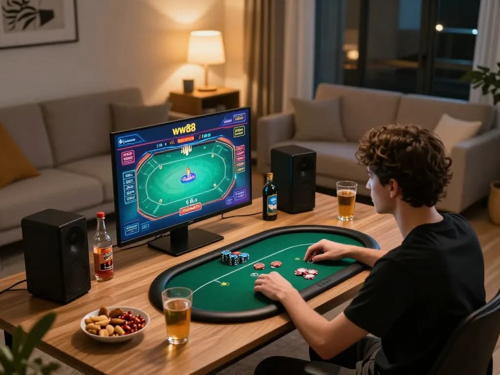 Engaged player enjoying poker on ww88 in a cozy home setup with modern decor.
