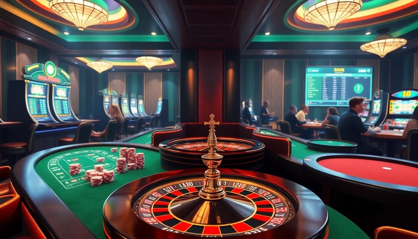Experience MMOO with vibrant poker tables and spinning Roulette wheels in a luxurious casino setting.