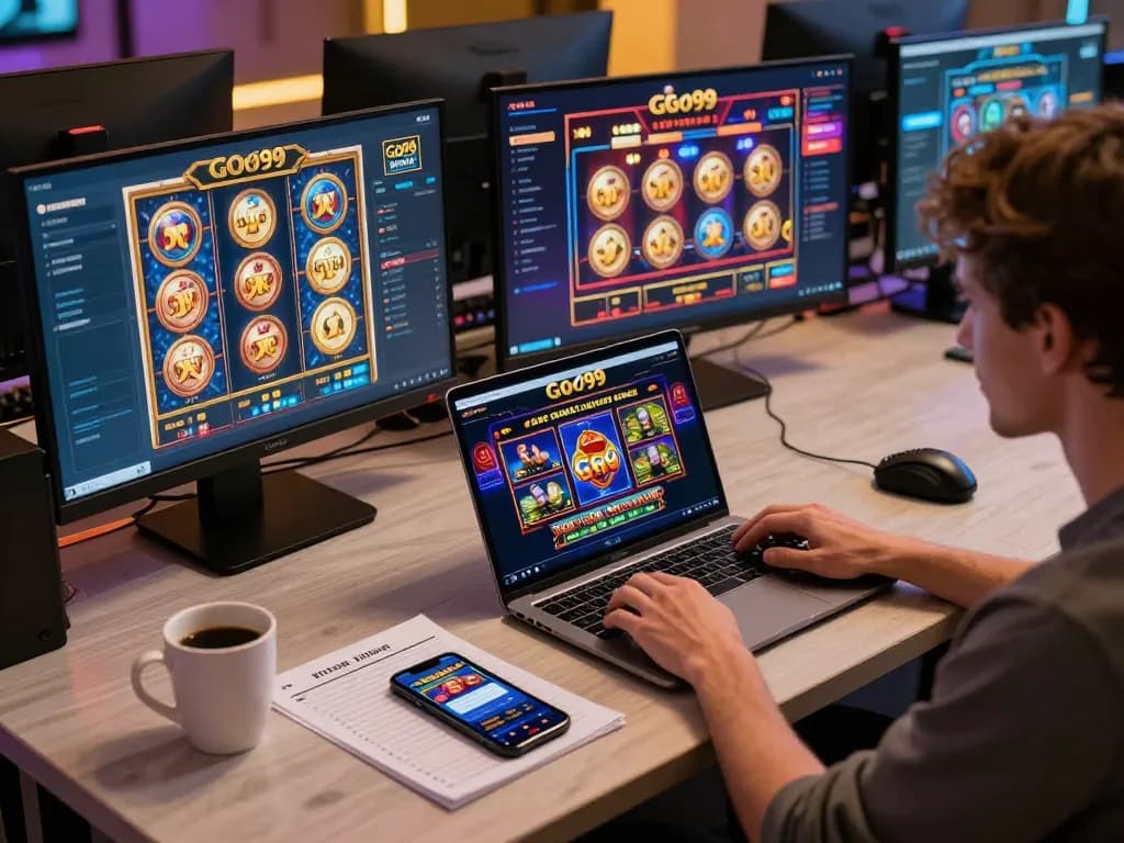 Player engaging with Go99 casino games on a sleek laptop in a stylish, modern home environment.