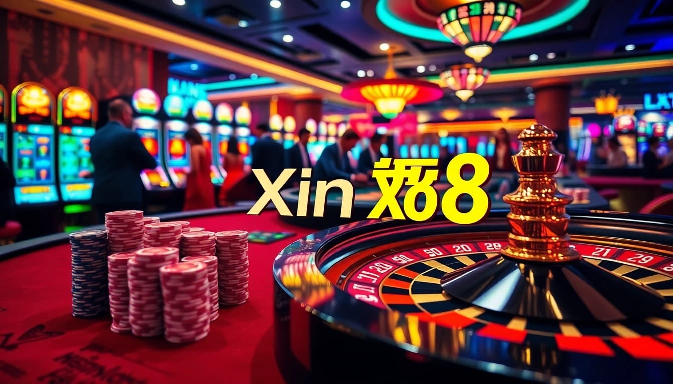 Experience excitement at Xin 88 with vibrant casino tables, poker chips, and slot machines.