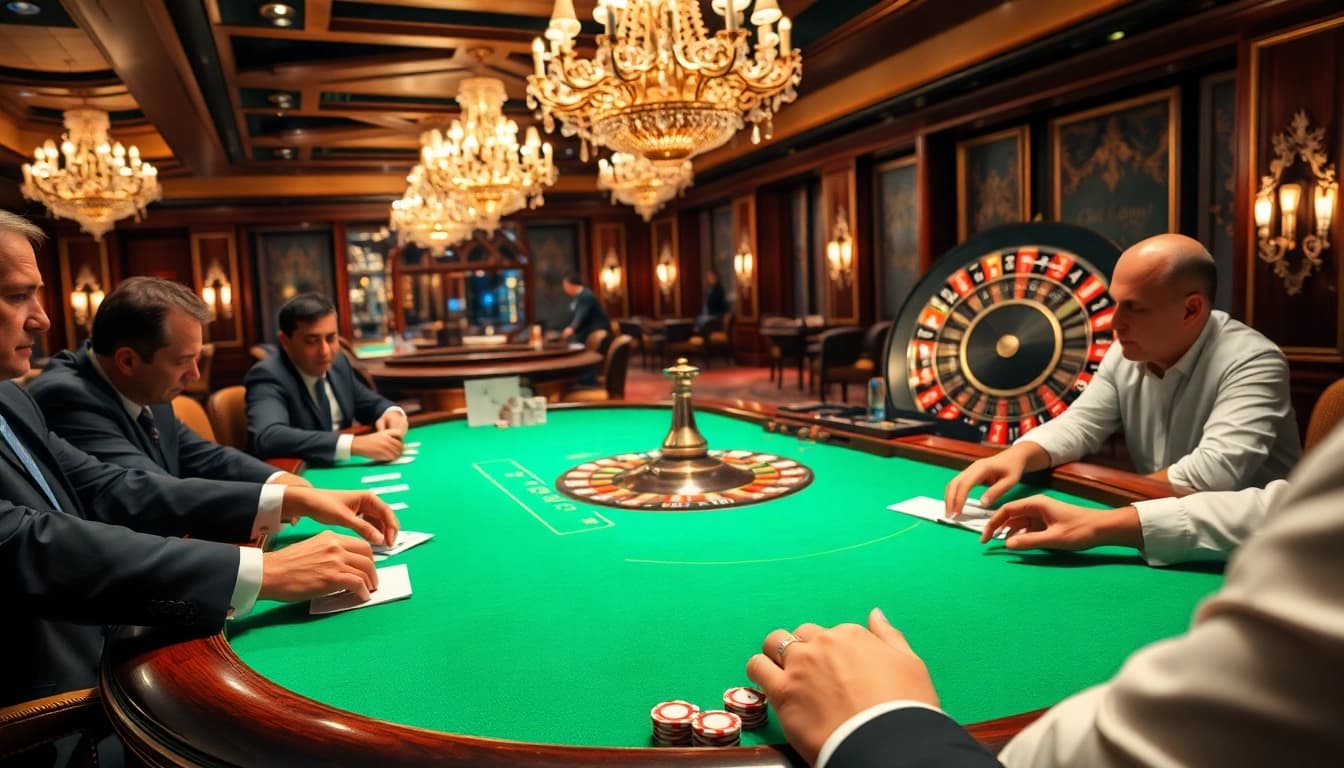 Exciting high-stakes poker game at a sunwin casino, featuring vibrant chips and an elegant setting.