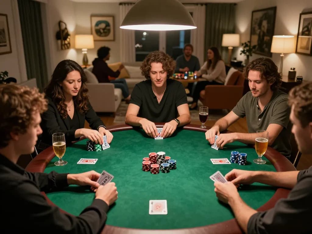 Players at a home poker night engaging in strategies at the table with uu8855 casino gaming.