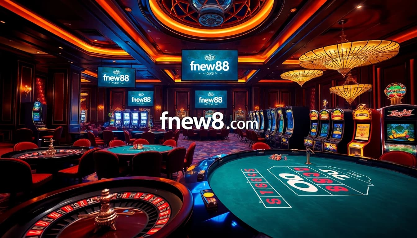 Experience thrilling gambling action at https://fnew88.com/ with poker tables and vibrant slot machines.