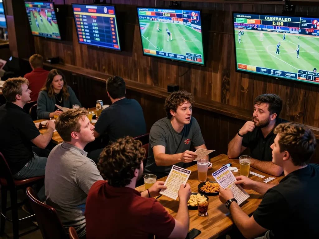 Engaged sports fans place bets on 7m events while cheering at a lively sports bar.