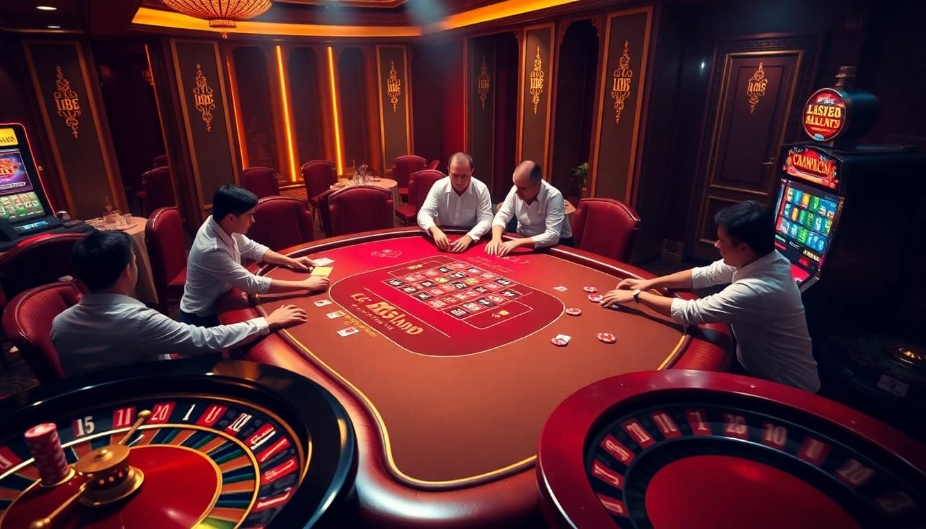 Engaging players at an LC88 Land themed casino table surrounded by excitement and vibrant gambling action