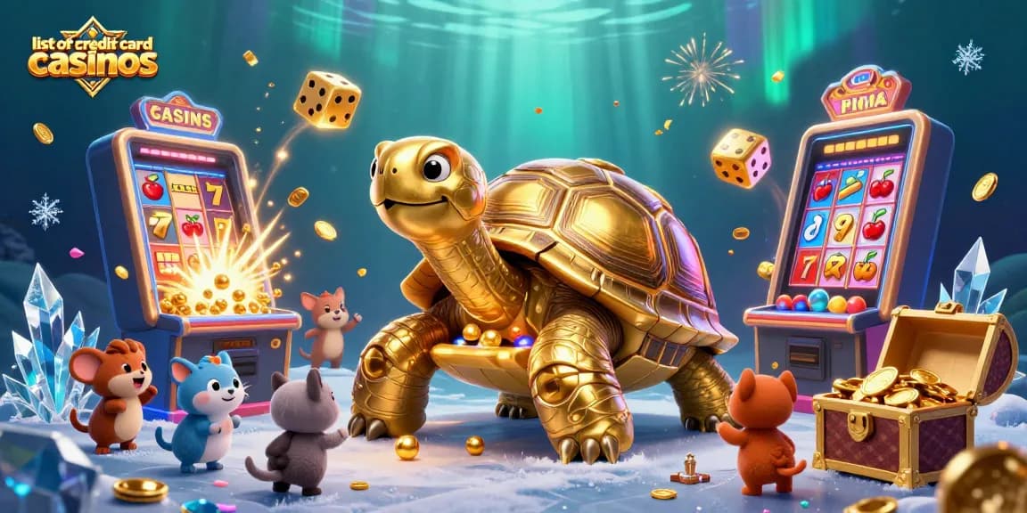 List of credit card casinos showcasing a golden tortoise pinball machine amidst vibrant casino elements.