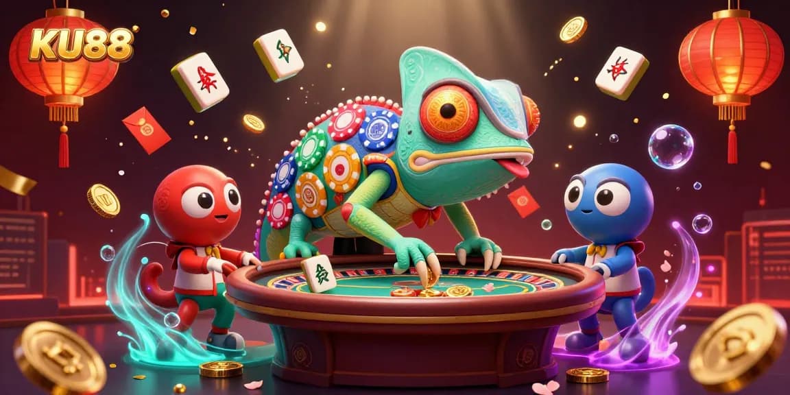 Engage with KU88, the colorful chameleon casino owner, in a vibrant 3D illustration filled with excitement.