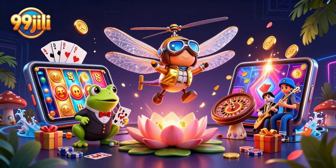 Experience thrilling gameplay with 99jili at a lily pad casino, featuring unique cartoon characters and vibrant game elements.