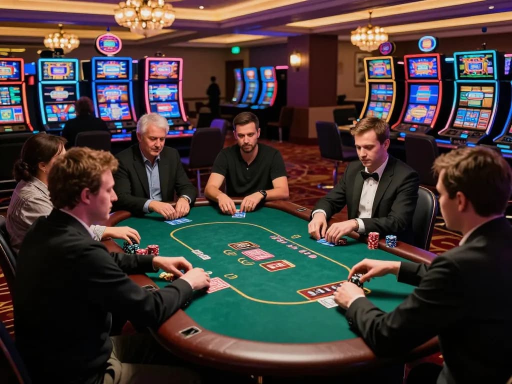 Luck8 players competing in an exciting poker game on a vibrant casino floor full of action