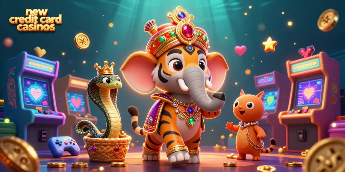 Play at new credit card casinos with vibrant characters and colorful gaming elements in a rich 3D illustration.