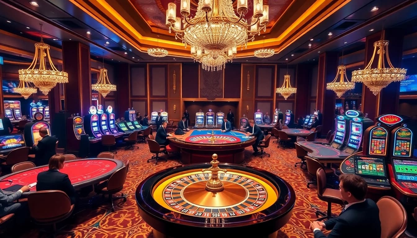 Experience high-stakes excitement at 8KBET with a luxurious casino scene showcasing poker and roulette tables.