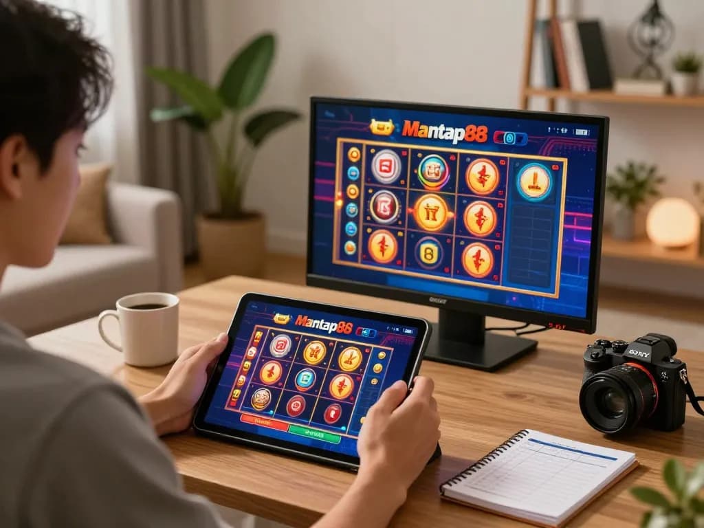 Mantap88 user celebrating a win on online slot game in a cozy home setting, showcasing responsible gaming.