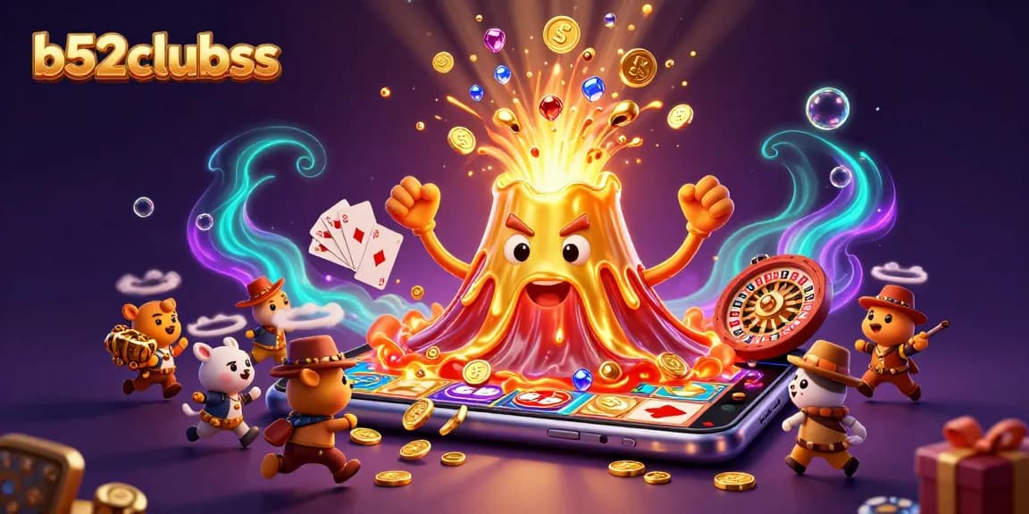 b52clubss enhances excitement with a golden volcano erupting coins amid playful treasure hunters.