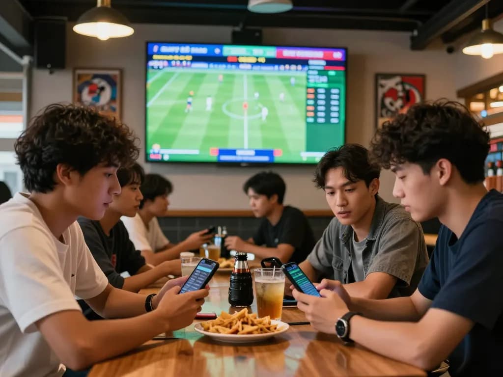 Friends analyzing kèo nhà cái odds in vibrant sports bar during live matches.