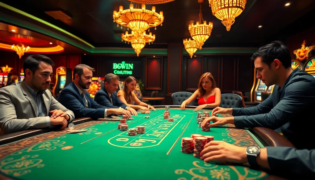 Players strategizing in a luxurious casino during a lively poker game highlighting 33WIN excitement.