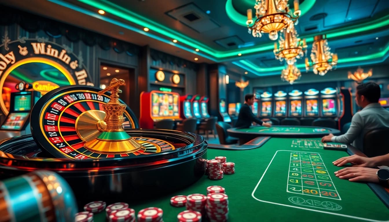 Experience the excitement of LuckyWin casino with vibrant slot machines and roulette action.