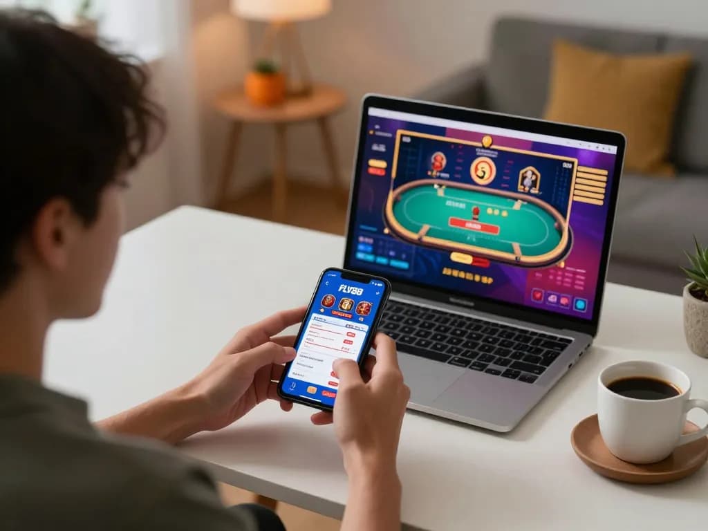 Engaging with FLY88 mobile app for online gaming in a cozy home setup, showcasing strategic gameplay