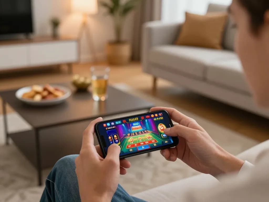 Player using ALO8 app on smartphone while enjoying cozy home atmosphere