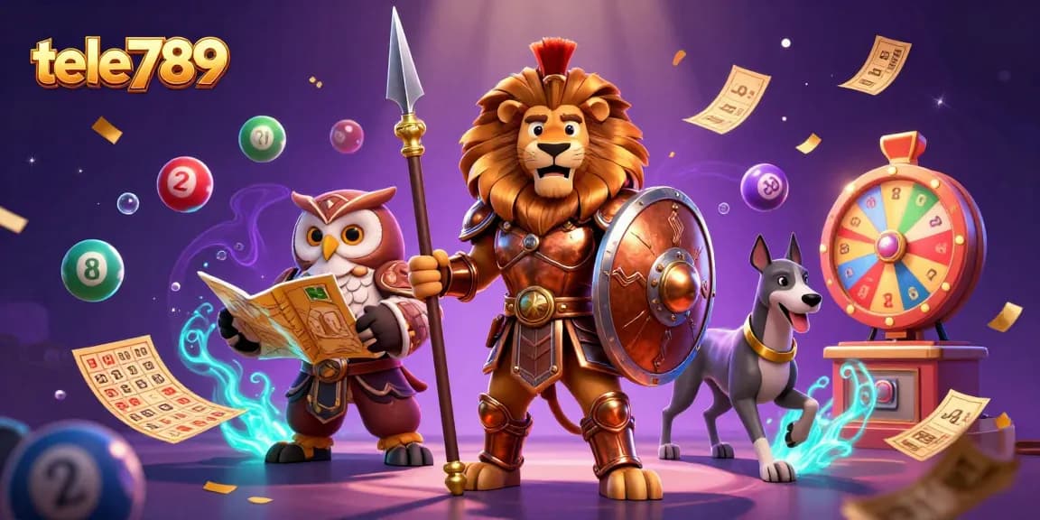 Bet on tele789’s thrilling 3D casino experience featuring a lion, owl, and greyhound surrounded by exciting game elements.