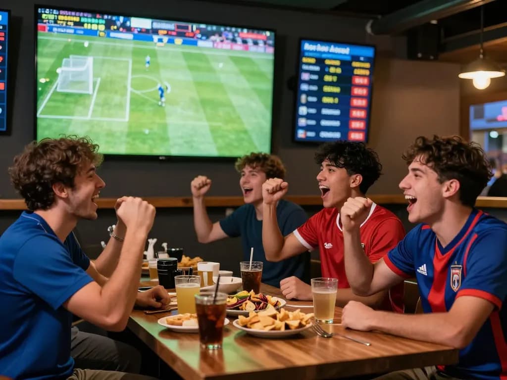 Group of friends celebrating while reviewing kèo nhà cái in a lively sports bar during a football match.
