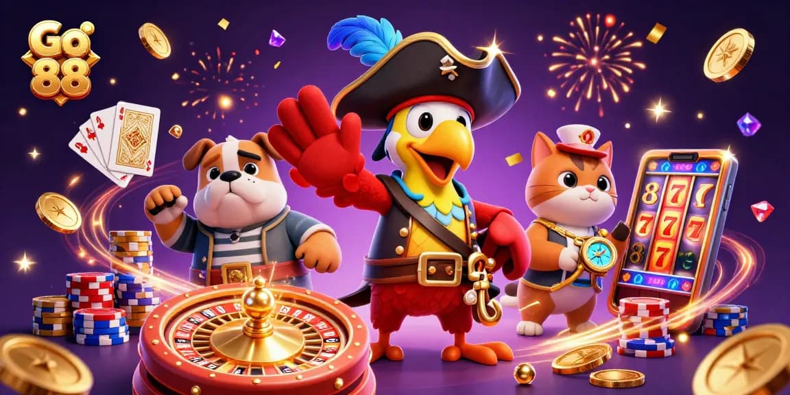Engage with Go 88's vibrant casino scene featuring cascading coins and a dynamic parrot captain.