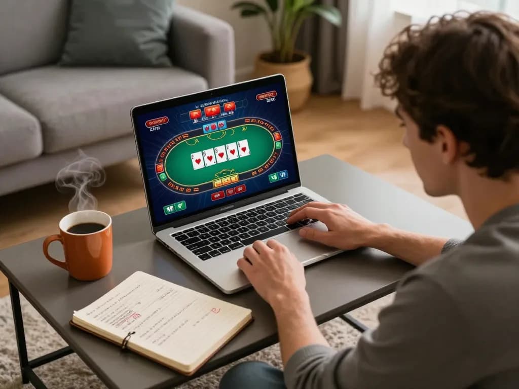 Person strategizing in mm88's online poker game, with notes and warm atmosphere.