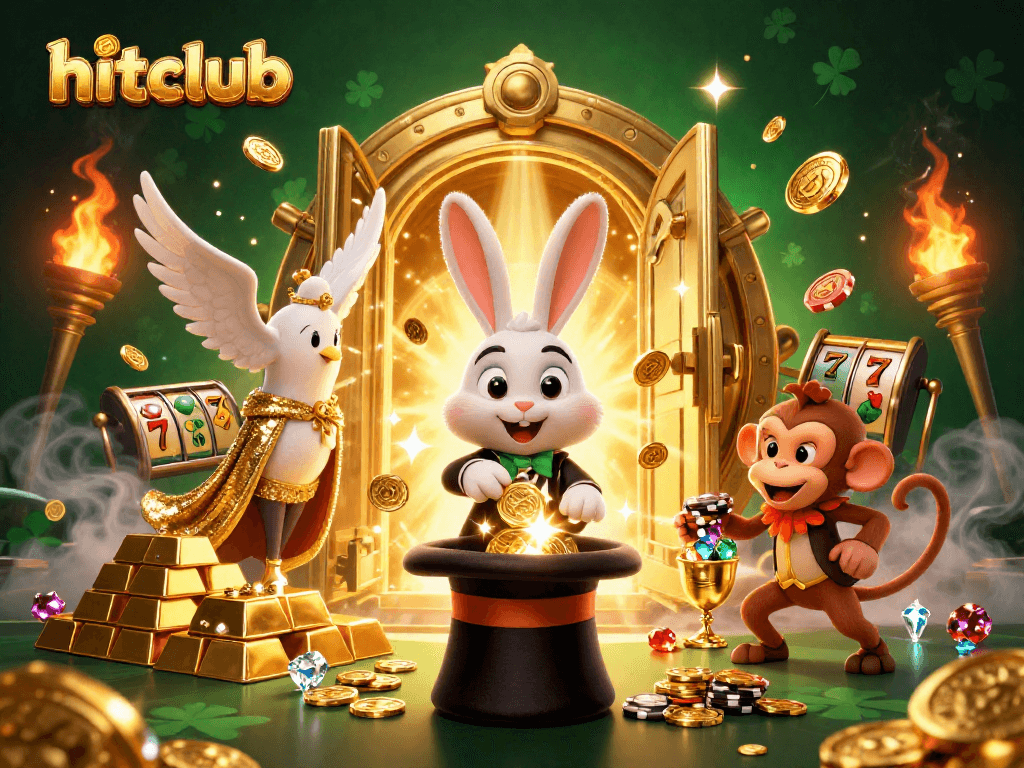 Join the hitclub with a magical scene showing a rabbit, dove, and monkey in a vibrant casino setting.