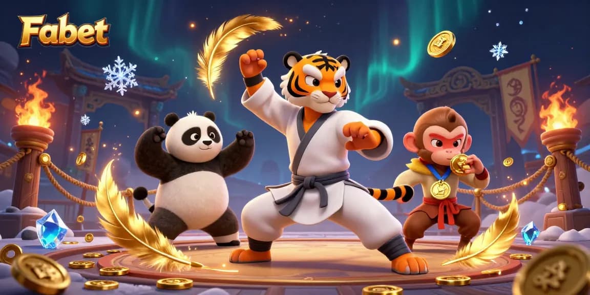 Fabet showcases a dynamic scene with a kung fu tiger, panda disciple, and monkey at an Asian-themed casino.