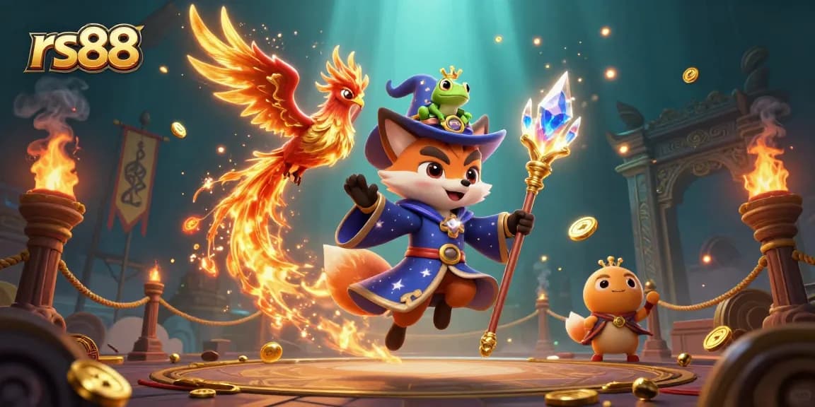 Engage in thrilling gameplay with rs88, featuring a wizard fox and fiery phoenix in a dynamic casino scene.