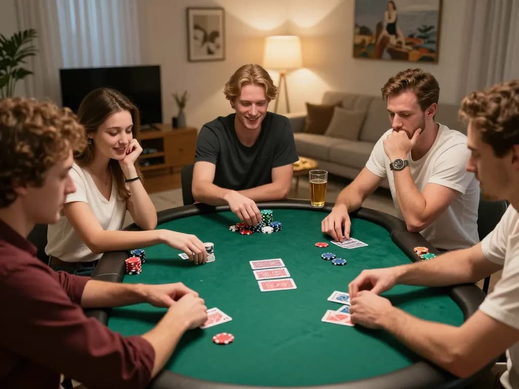Engaged players enjoying a poker game at home, showcasing 78wind excitement and social interaction
