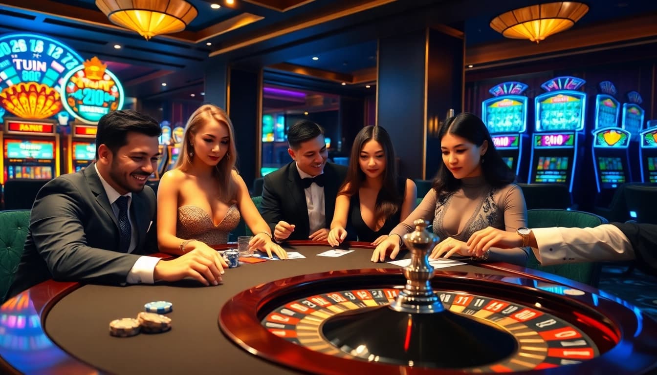 Players enjoying go88 tài xỉu at an upscale casino table, showcasing exciting gambling action.