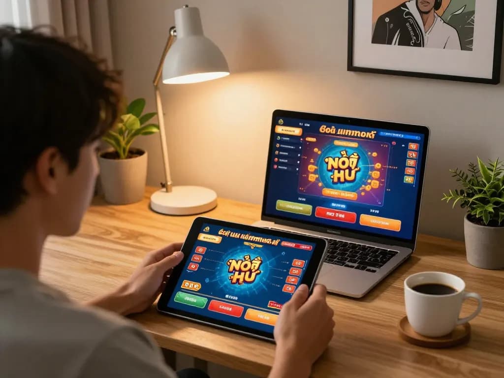 Nổ hũ gameplay on tablet, showcasing an engaging online gambling setup in a cozy living room.